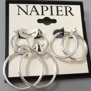 NAPIER 3pc SET Mod/Contemporary Silver Smooth Round Hoop Earrings**NEW!